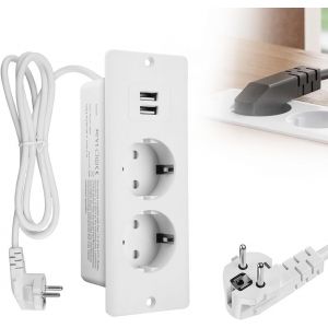 Prise Encastrable Plan de Travail, Prise Encastrable de Table avec 2 USB, Prise USB Encastrable, Bloc Prise Encastrable, Prise Plan de Travail, Multiprise pour Meuble ou Plan de Travail (Blanc) - Neuf