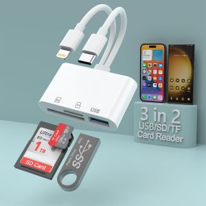 3 in 2 SD Memory Card Reader for iPhone iPad, Lightning Connector+USB C to SD TF Adapter Memory Micro SDXC, SDHC, Disk, Camera, Mouse for iPhone15/iPad/MacBook/Samsung - Neuf