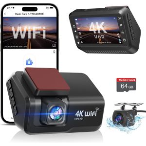 Car Dashcam Front Rear 4K+1080P WiFi In-Car Camera with 3 Inch IPS App with Free 64GB Card, Car Camera with Night Vision, Parking Monitor, WDR - Neuf