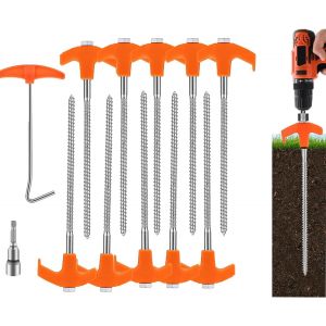 Ensemble De 10 Piquets Robustes De 20 Cm De Long,Piquet De Tente &Agrave; Filetage M&eacute;tallique,Avec Cl&eacute; Hexagonale,Crochet En T Et Bo&icirc;te De Rangement Orange - Neuf