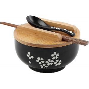 Ensemble De Bols &Agrave; Ramen, Bols &Agrave; Nouilles Ramen Japonais Avec Couvercle Et Cuill&egrave;re, Grand Bol &Agrave; Soupe En C&eacute;ramique, Bol &Agrave; Riz Noir Dessin&eacute; &Agrave; La Main, Vaisselle R&eacute;tro, Bol &Agrave; Nouilles De 16,5 Cm. - Neuf