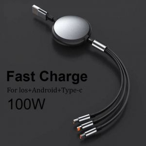 C&acirc;ble De Donn&eacute;es 6A 100W 3 En 1,C&acirc;ble Usb Rapide,Ligne De Charge Portable R&eacute;tractable,C&acirc;ble De Chargeur Micro Usb Type C Pour Iphone/Samsung.Black.1.2M - Neuf