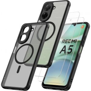 ELVORIX-3 in 1 Magn&eacute;tique Coque pour Xiaomi Redmi A5 4G Aimant&eacute;e avec 2 Verres Tremp&eacute;s,Dos Anti Rayures Antichoc Housse Fond Mat Translucide Bumper Case - Noir - Neuf