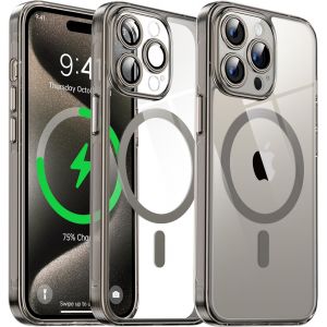 Kal-Coque Magnétique Transparente Pour Iphone 15 Pro (6.1'') Avec Objectif Film, [Compatible Avec Magsafe] [Protection Antijaune & Antirayure & Antichoc] Etui Housse Dur Avec Silicone Bord, Gris - Neuf