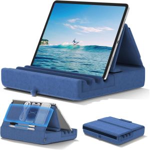 Coussin de Support pour Tablette, Support Ipad Pliable pour Lit, Genoux, Bureau - Oreiller Repose Tablette avec Pochette & Support de Stylet pour Ipad Pro 12.9 10.5 9.7 Air Mini 6 5 4, Bleu - Neuf