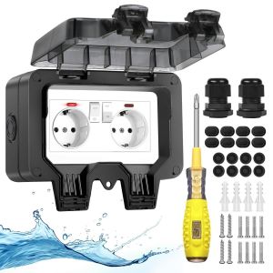 Prise ext&eacute;rieure Prise &eacute;tanche ext&eacute;rieure IP66 avec interrupteur T&eacute;moin lumineux,Prise ext&eacute;rieure en saillie Jardin Outdoor Prise murale avec couvercle rabattable verrouillable Double prise noire - Neuf