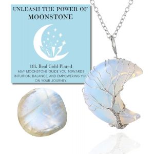 Eryi-Collier Bracelet En Pierre De Lune - Amour Lunaire - Fil Arbre De Vie Plaqué Platine/18 Carats Or Fait À La Main, Pendentifs En Forme De Lune/C?ur/Goutte D'eau En Cristal Naturel - Neuf