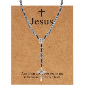 Kal-Chapelet Avec Perles Catholiques Pour Femmes Et Hommes - Pendentif En Forme De Croix En Y - Avec Crucifix En Acier Inoxydable Et Carte De Jésus - Neuf