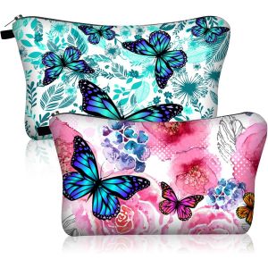 KALANKA-2 Pièces Trousse de Toilette Femme, Papillon Trousse Maquillage, Trousses de Toilette avec Fermeture Éclair, Mode Trousse de Maquillage, Portable Pochette Maquillage Voyage, Petite Makeup Bag - Neuf