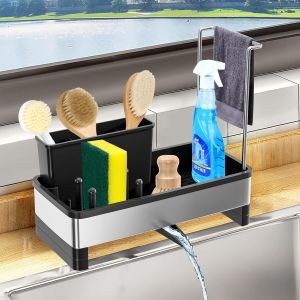 Tzf-Range Eponge Evier Cuisine Organisateur D'&eacute;vier En Avec Bac D'&eacute;coulement Automatique Porte &Eacute;ponge Et Liquide Vaisselle Support Pour Brosse, Noir - Neuf