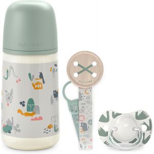 Kalanka-, Coffret Cadeau Nouveau-Né Sx Pro, Pour Bébés 0-6 Mois. Contient Un Biberon Débit Moyen (M) 270 Ml + Sucette Sx Pro En Silicone 0/6 Mois + Attache - Sucette Avec Ruban. Coffret Biberon Vert - Neuf