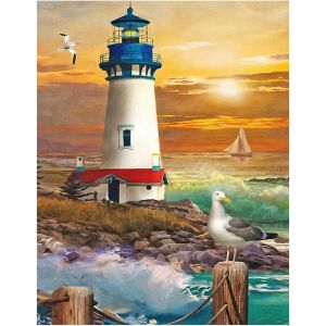 Oayew-Diamond Painting Carr&eacute; 40x50 Cm Diy 5d Peinture Diamant Grand Format Peinture En Cristal Broderie Diamant Tableau Strass Diamant Carr&eacute; Diamond Painting Paysage Bord De Mer Perles Phare Et Mouet - Neuf