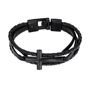 Bracelet Homme Lotus Style Men In Black Croix/Cuir - Neuf