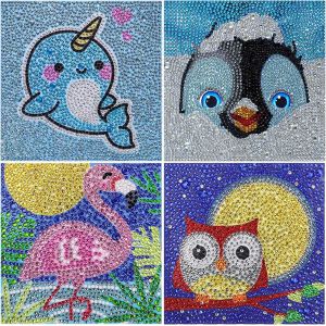 Ayuhr-Lot De 4 Kits De Peinture Diamant 5d Par Numéro Pour Enfants - Kit De Peinture Diamant Pour Décoration Murale De La Maison (Narval Pingouin, Flamant Rose Et Hibou 15,2 X 15,2 Cm) - Neuf