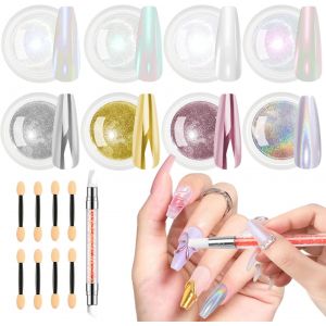 Kal-Poudre Chrome Ongle 8 Boîte - Effet Miroir Brillant : Poudre Chromée En Métal Or, Chrome Pigment Poudre Perle Aurora Vernis Poudre Pailletée Pour Déco Nail Art Ongles Avec Brosse - Neuf
