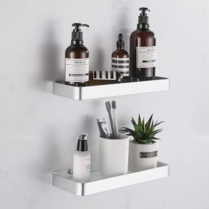 Etagere Douche Sans Percage,Etagere Salle De Bain Pose Murale Avec Aluminium Etagere Et Verre Trempé,Rangement Douche Serviteur Étagère Porte De Shampoing Et Gel Douche 2 Pièces,30cm Argent - Neuf