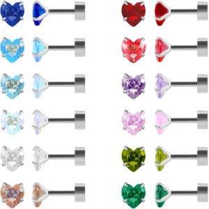 Kal-Lot De 12 Paires De Boucles D'oreilles À Tige En Acier Inoxydable Chirurgical À Dos Plat En Forme De C?ur, Étoile Carrée En Forme De Larme, Plaqué Or, Oxyde De Zirconium - Neuf
