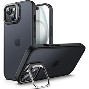 Kickstand Case For Iphone 15 6.1 Inch, Built-In Adjustable Camera Stand, Military Grade Drop Protection, Translucent Matte Back Cover Case (Black) - Neuf