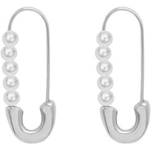 Kal-Boucles D'oreilles Créoles Rétro En Acier Inoxydable Avec Épingle À Nourrice En Forme D'épingle À Nourrice Pour Femmes Et Filles Avec Perles D'imitation - Boucles D'oreilles Pendantes Mignonnes - - Neuf