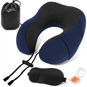 TIANYI-Coussin de Voyage, Oreiller de Voyage en Mousse &agrave; M&eacute;moire de Forme, Coussin Avion avec Masque de Sommeil Bouchons d'oreilles et Pochette de Transport, Coussin de Nuque pour la Voiture - Neuf