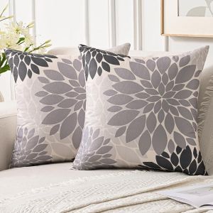 Eryi-Housse De Coussin 40x40 Cm Lot De 2 Decoratif Automne D'hiver Motif Canape Gris Fleurs De Dahlia Taie D'oreiller En Lin Pour Chambre, Canapé, Chaise, Lit, Jardin Printemps Été - Neuf