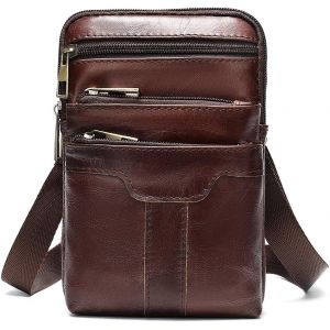 nzqaf-Pochette Téléphone Portable Homme Café, Sacs Bandoulière en Cuir Homme, Business Sac Porte épaule Sac à Main Cuir Portefeuille Étui Imperméable avec Bandoulière Réglable pour Voyage Randonnée S - Neuf