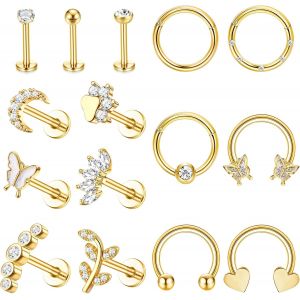 Kalhx-Tragus Piercing Oreille Chirurgical Acier Cartilage Helix Tragus Piercing Hypoallergénique Zircone Cubique Dos Plat Piercing Ring Boucles D'oreilles Pour Femme Argent 16g - Neuf