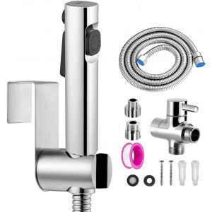 Kit Douchette wc,ABS Pulv&eacute;risateur de toilette pour bidet,jet &agrave; deux fonctionsfacile &agrave; installeravec Vanne 3 Voies (1/2""-3/8""),tuyau de douche de 150 cm et support de douche(Argent) - Neuf