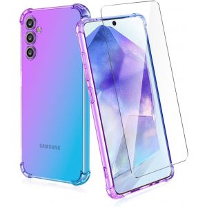 KAL-Housse Pour Samsung Galaxy A55 5G Coque + 1 Pi&egrave;ces Verre Tremp&eacute;, D&eacute;grad&eacute; De Couleurs Anti-Choc Housse Pour T&eacute;l&eacute;phone Portable -Violet/Bleu - Neuf