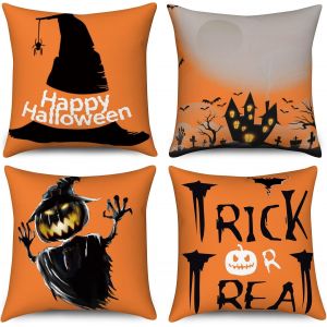 Housse de Coussin Halloween 40x40 Set de 4, Spooky citrouille pleine lune château arbre mort chauve-souris décoratif Housses de coussin noir orange lin housse de coussin pour canapé Home Decor - Neuf