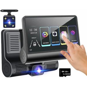 DashCam 3 in 1 Touch Screen 2 Lens Front 1 Rear 1080P HDR Parking Camera for Car Van Security Camera Wide Angle Motion Detection G-Sensor DVR Recorder 64GB - Neuf