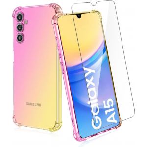 KAL-Housse Pour Samsung Galaxy A15 4G/5G Coque + 1 Pi&egrave;ces Verre Tremp&eacute;, D&eacute;grad&eacute; De Couleurs Anti-Choc Housse Pour T&eacute;l&eacute;phone Portable -Violet/Bleu - Neuf
