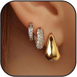 Meimie-3pcs Ensemble De Créoles Dorées À Lamode,Boucles D'oreilles En Or Plaqué Chunky Léger,Ensemble De Clous D'oreilles Imperméables,Hypoallergéniques En Acier Inoxydable - Neuf