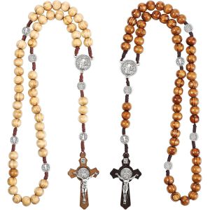 Kal-2 Pièces Chapelet Catholique En Bois Chaîne De Chapelet Chretien Avec Croix Cadeau Religieux Pour Baptême Garcon Fille Communion Confirmation - Neuf