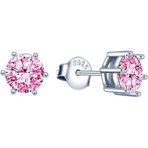 Kal-Collier Zircon Femmes Filles, Boucles D'oreilles Zircon Femmes Filles, Bijoux Parures En Argent 925, Collier Solitaire À Six Griffes, Clou D'oreille Solitaire Diamant À Six Griffes, Rose - Neuf