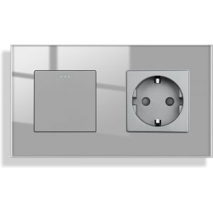 Interrupteur mural avec prise-Gris-Encastré-1 compartiment 2 voies-En verre-157 x 86 mm-10 A-250 V - Neuf