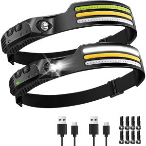 Lot De 2 Lampes Frontales Led Rechargeables, Bande Led &Agrave; 3 Couleurs, Ipx4 &Eacute;tanche, 10 Modes &Eacute;clairage Avec D&eacute;tecteur De Mouvement, Poids L&eacute;ger Pour P&ecirc;che,Camping,Cyclisme,Running (8 Crochets) - Neuf