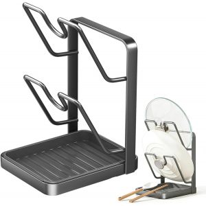 Kalanka-2 In 1 Support Couvercle Casserole & Porte Couvercle, Multifonctionnel Rangement Couvercle Casserole & Rangement Po&ecirc;le, Anti-D&eacute;rapant Rangement Cuisine Avec Repose Cuill&egrave;re (Gris) - Neuf