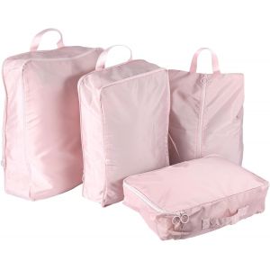 4Pcs Cube D'Emballage Pour Val , Tissu Auto-Compression Cube De Voyage Gain De Place Sac De Rangement De Voyage Pour V&ecirc;tements Sous-V&ecirc;tements Chaussures Hommes Et Femmes (P&ecirc;che Rose) - Neuf