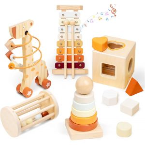 JGD-Jeux Montessori en Bois 5 en 1, Motricit&eacute; Fine B&eacute;b&eacute; 1 2 3 Ans, Jouet &Eacute;ducatif Eveil Enfant avec Tour &agrave; Empiler, Xylophone, Trieur de Forme, Coffret Cadeau d'anniversaire Fille Garcon - Neuf