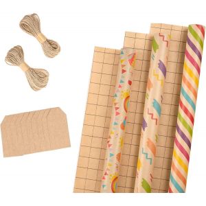 Rouleaux De Papier D'emballage Avec &Eacute;tiquettes,Ficelle De Jute-43 Cm X 3 M Par Rouleau,Total De 3 Rouleaux,Anniversaire - Neuf