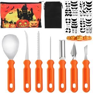 TRAHOO-Lot de 7 outils de sculpture de citrouille d'Halloween avec autocollants pour décoration de citrouille en plein air, bricolage, sculpture de citrouille, outils en acier inoxydable pour - Neuf