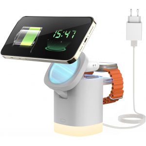 JGD-Chargeur pliable 3 en 1 sans fil pour iPhone 16/15/14/13/12 Series, chargeur sans fil avec lumi&egrave;re r&eacute;glable pour iWatch 9-2, Air Pods 4/3/2/Pro, argent - Neuf