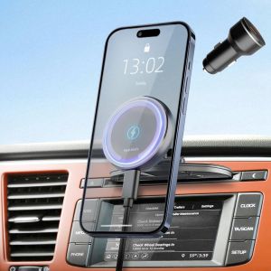 TIANYI-CD Support Telephone Voiture Induction pour MagSafe, 360&deg; Rotation 15W Support Voiture Magnetique Fixation &eacute;curie CD Mounted Compatible avec iPhone 16 15 14 13 12 Series Adaptateur QC3.0 - Neuf