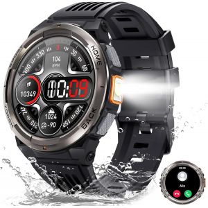 Montre Connectée Homme avec Appels Bluetooth, 1,45"" Militaire Smartwatch 3ATM Étanche avec Torche LED Compas Altitude Baromètre Fréquence Cardiaque SpO2 Surveillance, Fitness Tracker pour Android iOS - Neuf