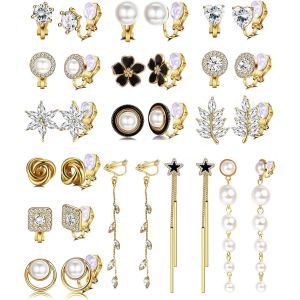 13/15 Paires Boucles Oreilles Clip Pendantes Longues Clip Femme Boucles D'oreilles Perle Fleur &Eacute;toile Feuille Noeud Zircon Clips Oreilles Non Perc&eacute;es - Neuf