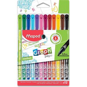 12 Feutres Graph'peps Stylo Feutre Pointe M&eacute;dium 0,8 Mm Pointe R&eacute;sistante Confort D'&eacute;criture Et Dessin &Eacute;tui De 12 Feutres Couleurs &Eacute;clatantes - Neuf