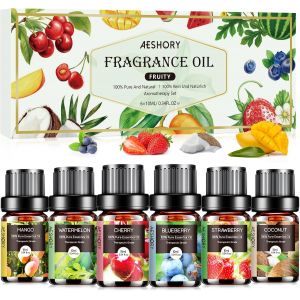 Trahoo-Aeshory Kit Huiles Parfum&eacute;es Aromath&eacute;rapie Fruit&eacute;es 6x10ml, Huile Essentielle Fruits Pures & Naturelle, Pour Diffuseurs, Massage, Diy Bougie - Cerise, Fraise, Myrtille, Noix De Coco, Past&egrave;que, - Neuf