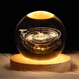 Ershi-Veilleuse 3d En Forme De Boule De Cristal Système Solaire Led Pour Enfants Avec Base En Bois - Galaxie - Veilleuse - Cadeau [2 - Neuf