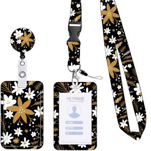 Cordon tour de cou avec porte-cartes, cordon tour de cou avec fermoir mousqueton pivotant ¿ pour porte-badges, clés, appareil photo, téléphone portable (fleurs blanches) - Neuf